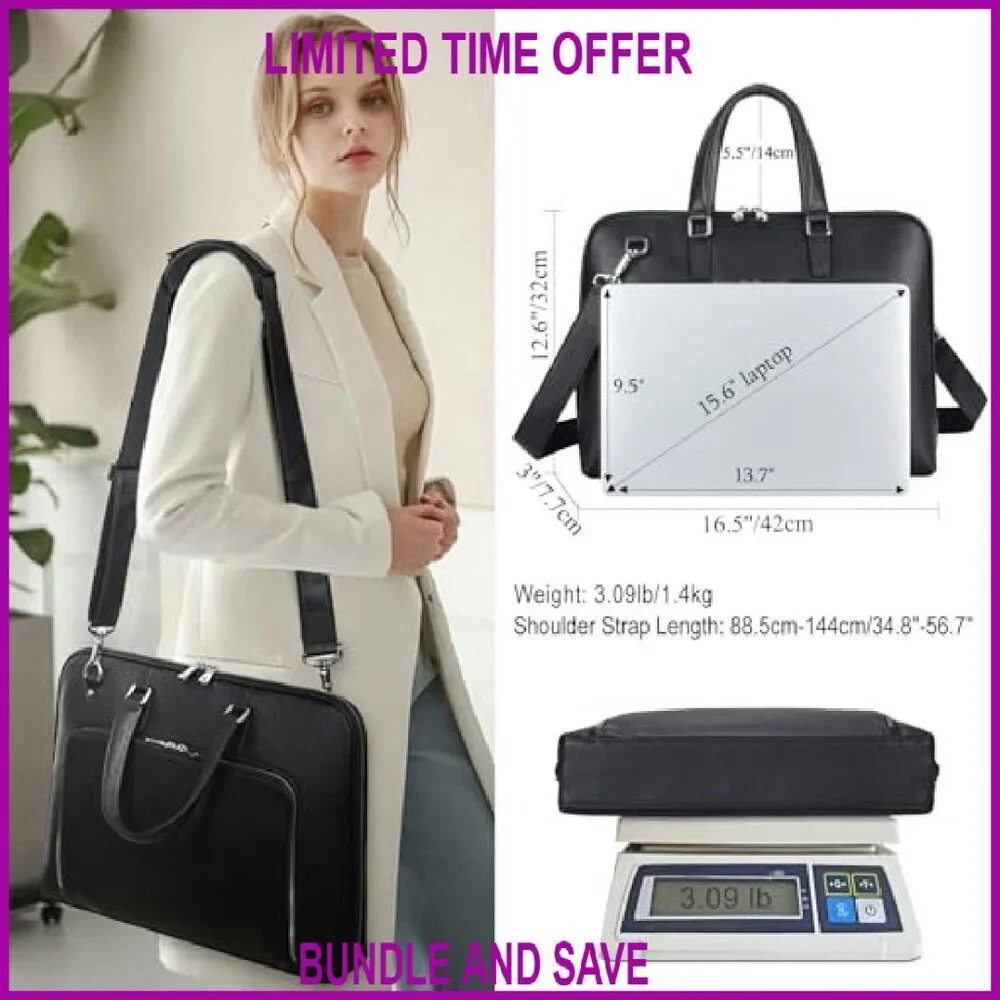 Leather Slim Briefcase for 15.6-16 Inch Laptop Professional Business Messenger